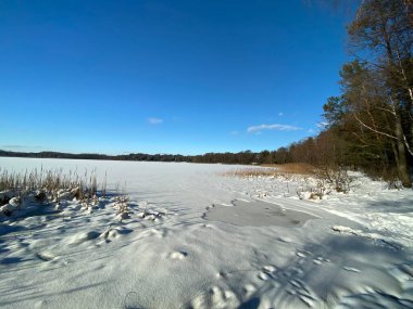 Wodawa Polonya yakınlarında karla kaplı kil dil güneşli mavi gökyüzüne hücum ediyor