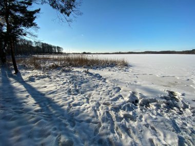 Wodawa Polonya yakınlarında karla kaplı kil dil güneşli mavi gökyüzüne hücum ediyor