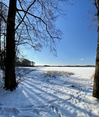 Wodawa Polonya yakınlarında karla kaplı kil dil güneşli mavi gökyüzüne hücum ediyor