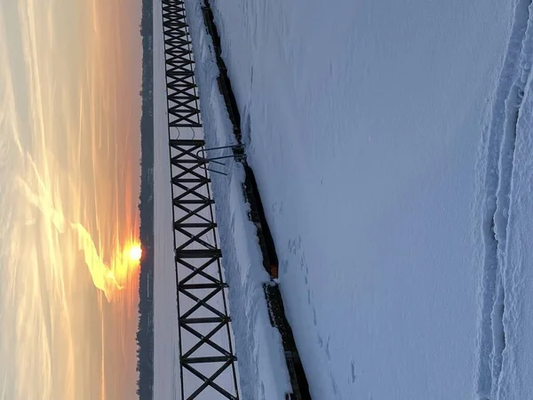 View Frozen Biae Lake Wodawa Lot Snow View Orange Sun — Stock Photo, Image