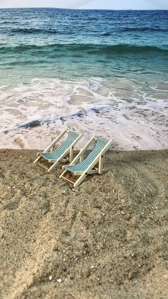 Sea Two Sun Loungers Beach — Stock Photo, Image
