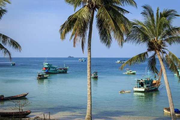 Palmiye ağaçları ve tekne Beach denize sıfır — Stok fotoğraf