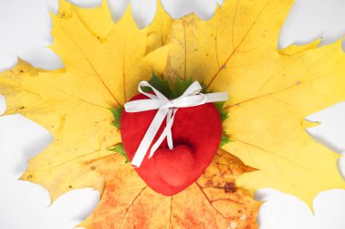 Beyaz arka planda sonbahar akçaağaç yaprakları ve üzerinde kırmızı bir kalp var.