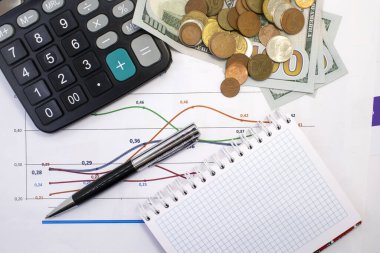 Finansal belgelerde dolar, kopek ve hesap makinesi ve defter var. İş konsepti