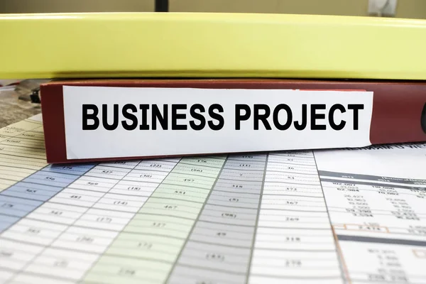 The business project is written on a red folder that lies on the document with colored columns of numbers. Business concept