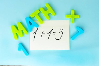 Örneğin yanlış çözümü renkli sayılar ve renkli plastik harflerden oluşan bir kağıt parçasına yazılmıştır. Matematik öğretme kavramı