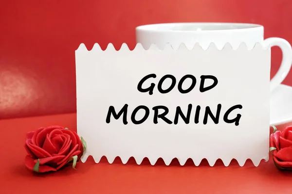 Good Morning Written Piece Paper Stands Red Background White Cup — Foto de Stock