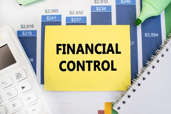 Financial Control Written Yellow Sheet Lies Financial Document Blue Diagram — Stock Photo, Image