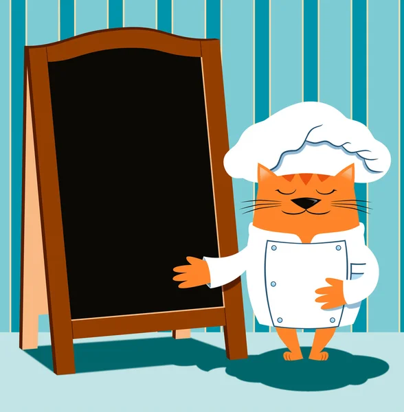 Kedi Şef retro karikatür tarzı ahşap menü yönetim kurulu gösterir