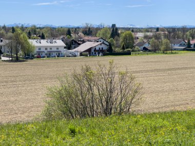 Çiçekli ön planda evler ve arka planda dağlarla dolu bir orta saha var.