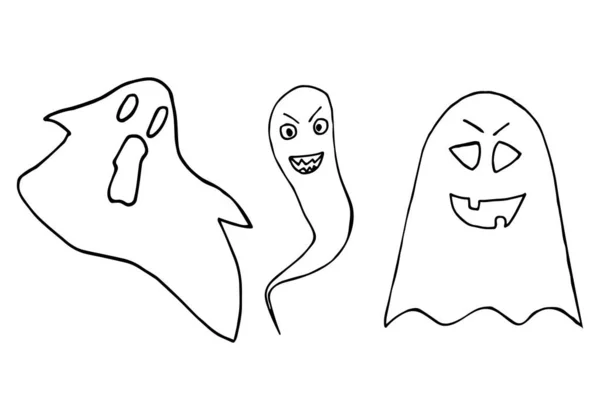 Serie di illustrazioni vettoriali di fantasmi in stile doodle — Vettoriale Stock