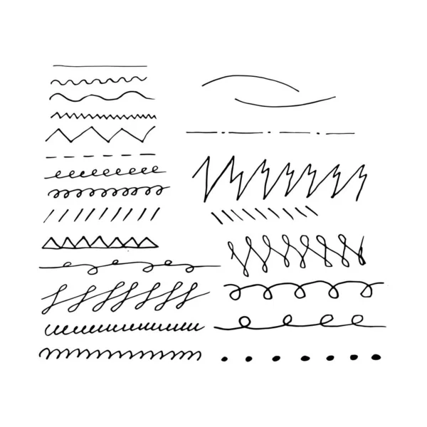 Jeu de bordures de lignes dessinées à la main, traits de croquis, gribouillis et éléments de design — Image vectorielle