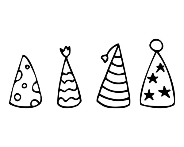 Vector conjunto de gorras de cumpleaños. Estilo Doodle. — Vector de stock