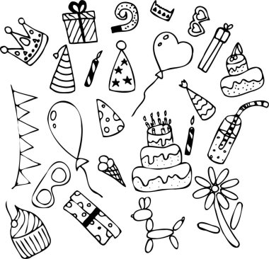 Doğum günü illüstrasyonları. Doodle tarzı.