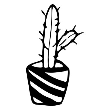  Vektör çizimi. Çizgili bir tencerede kaktüs. Doodle tarzı.