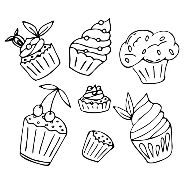 Vektorová sada muffinů. Doodle styl. Sada ručně kreslených ikon cupcake. — Stockový vektor