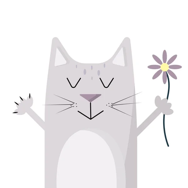 Illustration av en katt med en blomma. Grå katt . — Stock vektor