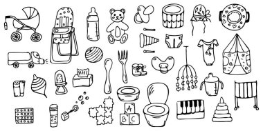 Çocuk bakımı için bir takım ikonlar. Doodle tarzı