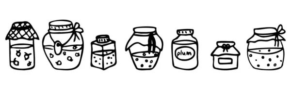 Vector set of icons of jars with jam. Doodle style. — Stock Vector