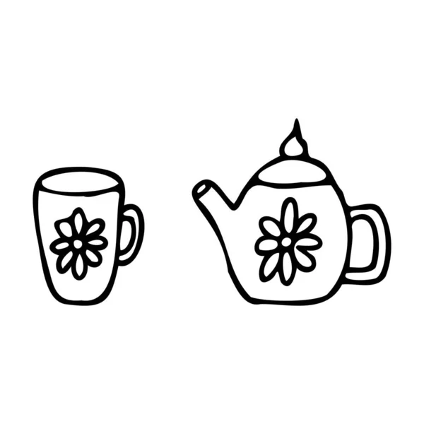 Taza Tetera Manzanilla. Estilo Doodle — Vector de stock