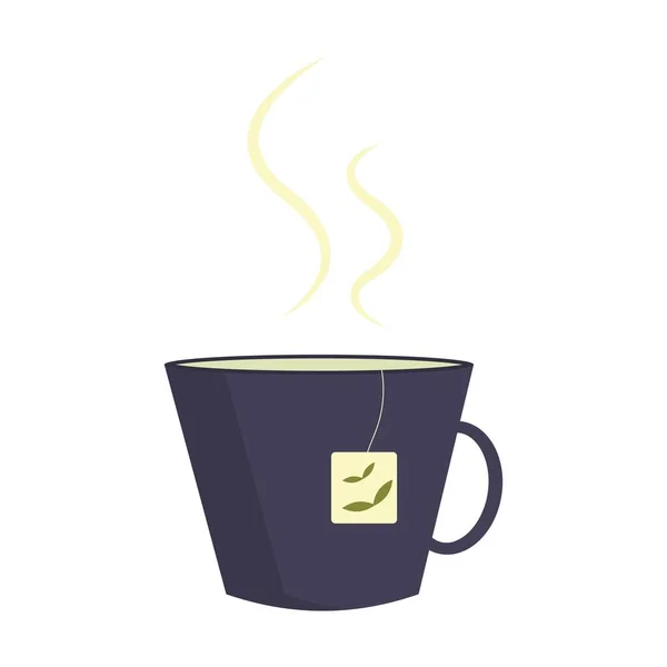 Una taza violeta con té caliente. Icono de bolsa de té — Vector de stock