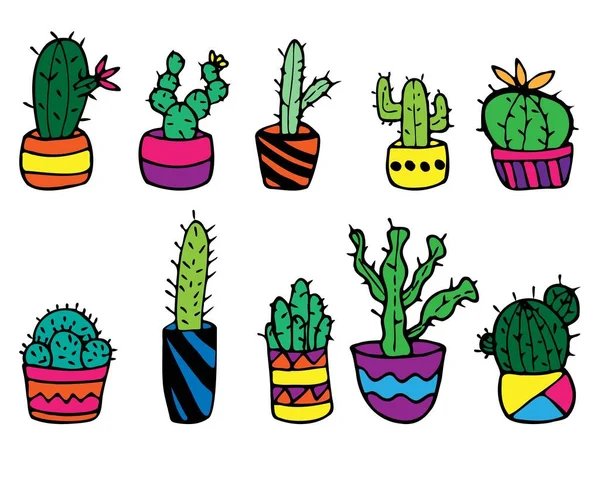 Conjunto de iconos de cactus en maceta. Estilo Doodle. — Vector de stock