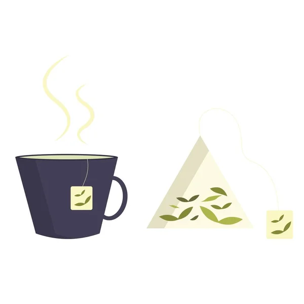 Ilustración de una taza de té caliente h. Icono de bolsa de té. — Vector de stock
