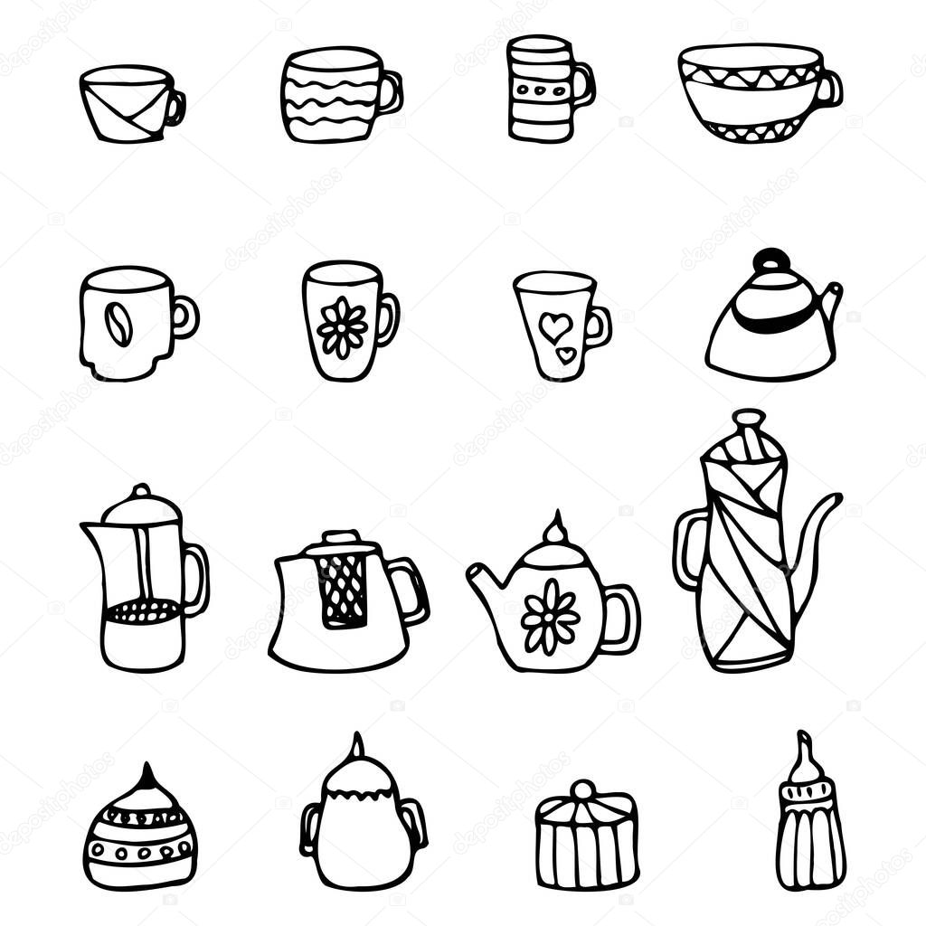 Tea icons set. Doodle style. Vector illustration. Mugs, teapots and sugar bowls icons. Drawn icons for tea drinking.