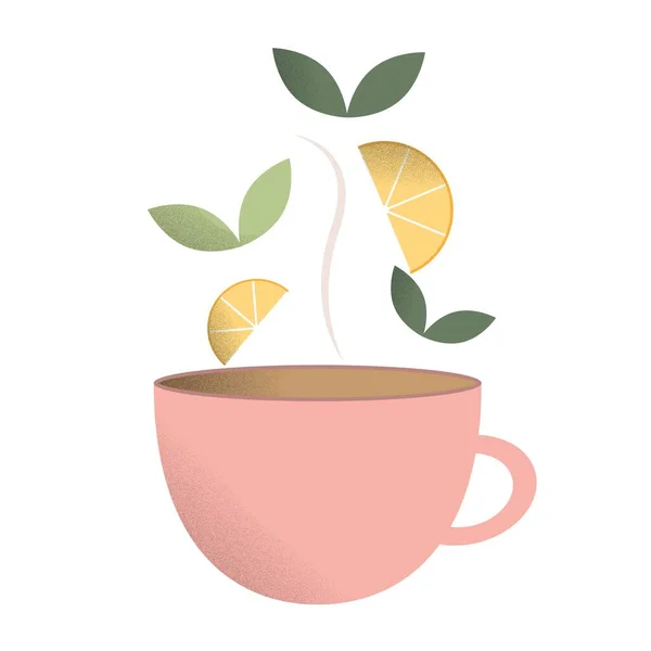 Taza rosa con té. .Hojas de té y limón para té. — Vector de stock