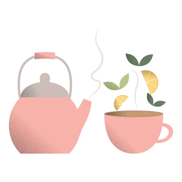 Un juego de tetera y tazas de té. Taza de té caliente. — Vector de stock