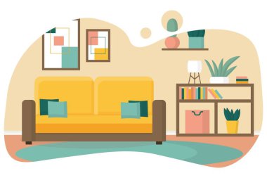  Konforlu oturma odası tasarımı. Kitaplık ve sarı kanepeli oturma odası. Ev bitkileri ve resimlerle dolu rahat bir oda. Düz stil. Oturma odasının içi rahat..