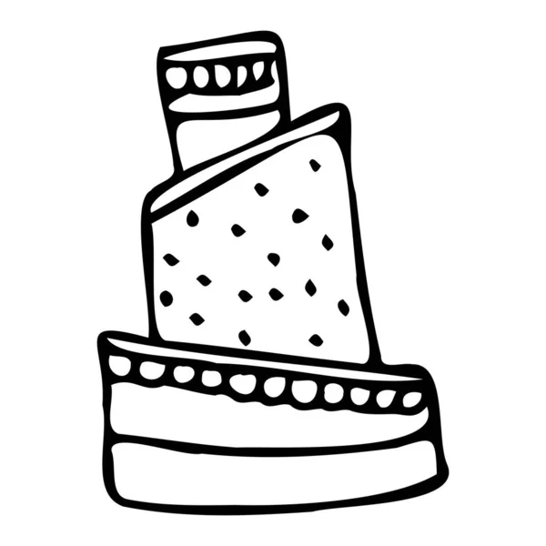 Geburtstagstorte Ikone. Drei-Stufen-Kuchen. Kuchen mit Sahne und Imprägnierung. Geschmückter Kuchen. Doodle-Stil. — Stockvektor