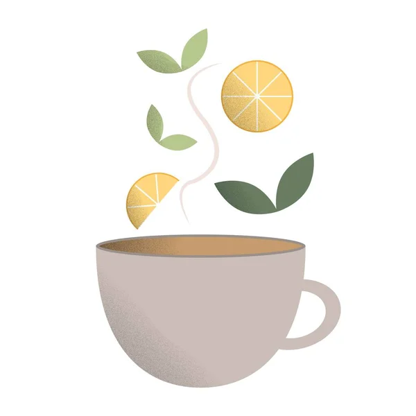 Ilustración de una taza marrón con té caliente. Una taza de té. Hojas de té y rodajas de limón para el té. Estilo plano. — Vector de stock