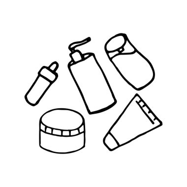Shower set. Personal care kit. Spa icons set. Makeup kit. Hand drawn doodle style set.