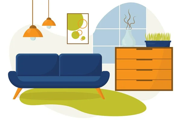 Wnętrze pokoju. Wygodna sofa, komoda, dywan i rośliny domowe. Wektor płaska ilustracja. Vector banner .Przytulny wystrój wnętrz domowych. Niebieska sofa w salonie. — Wektor stockowy