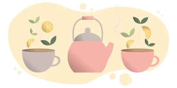 Tea drinking concept. A set of teapot and two mugs. Hot tea cups. Hot kettle. Tea leaves and lemon wedges. Pink and beige hot tea cup. Flat style. — стоковый вектор