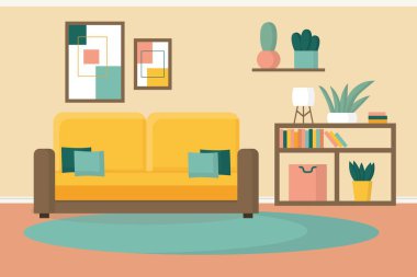 Sarı kanepeli oturma odası. Yastıklı kanepe. Kitaplıklı oturma odası. Oturma odasının içi. Rahat kanepe, halı ve ev bitkileri. Vektör pankartı. Konforlu ev iç tasarımı. 