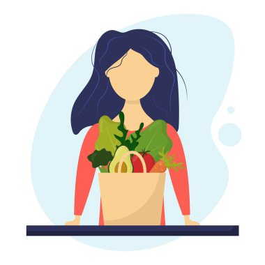 Dünya Vejetaryen Günü. Vejetaryenlik kavramı. Sebze seti. Sebze kompozisyonu. Sebze ve meyveli kağıt torba. Kız bir vejetaryen. Sebzeli kese kağıdı olan kız..