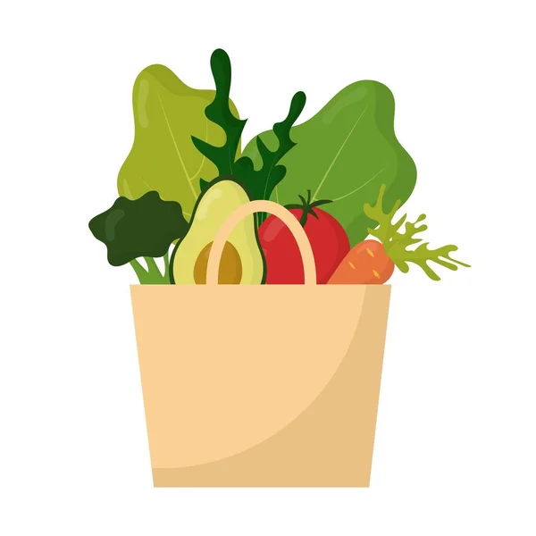 Dia Mundial do Vegetariano. Conceito de vegetarianismo. Conjunto vetorial de vegetais. Composição de verduras. Saco de papel com legumes e frutas. — Vetor de Stock