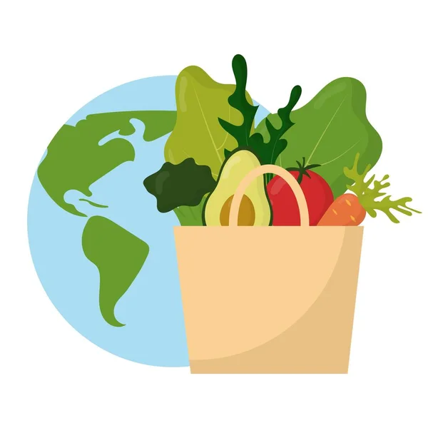 Dia Mundial do Vegetariano. Conceito de vegetarianismo. Conjunto vetorial de vegetais. Composição de verduras. Saco de papel com legumes e frutas. — Vetor de Stock