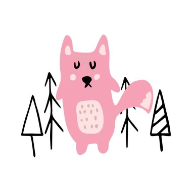 Vektör el, şirin pembe tilki ve ağaçlarla çocuk resimlerini çizdi. Kumaş, ambalaj, tekstil, kitaplar, giysiler için yaratıcı çocuk orman çizimleri.