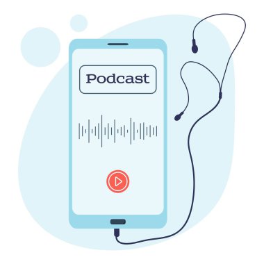  Webinar, online eğitim, radyo programı veya sesli podcast konsepti. Kulaklıklı cep telefonu. Düz biçim.