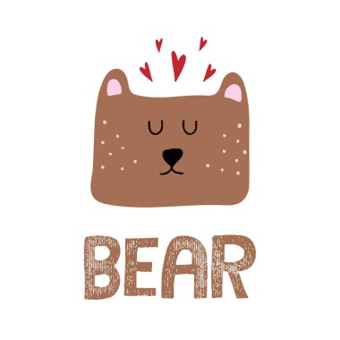 Elle çizilmiş bir ayı resmi. Sevimli ayı suratı ve kalbi. Yazıt. Kartpostallar ve baskılar için resim.