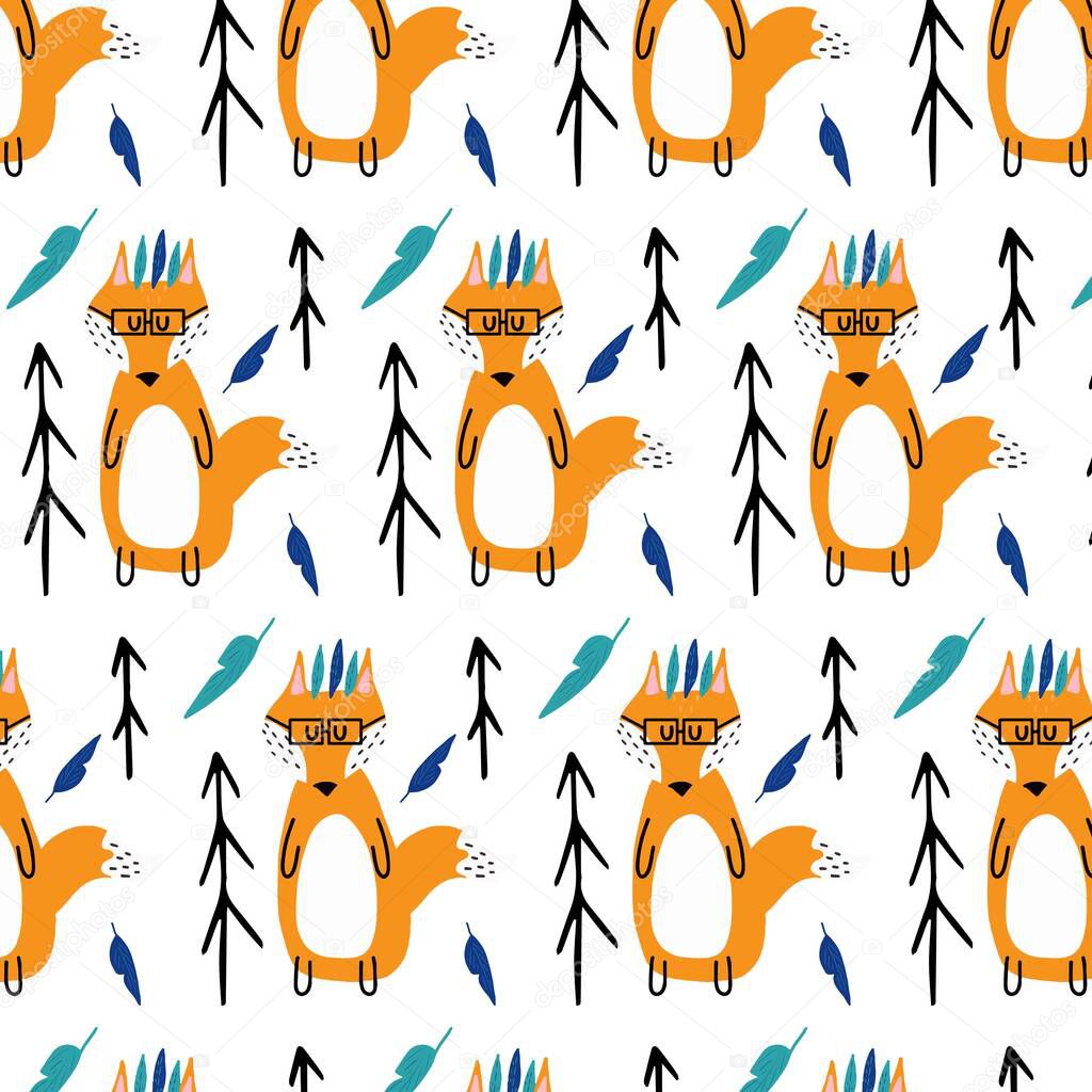 Vector childrens seamless pattern with fox and feathers. Scandinavian-style pattern. Fox with glasses. Pattern for postcards, fabrics, wrapping paper, prints.