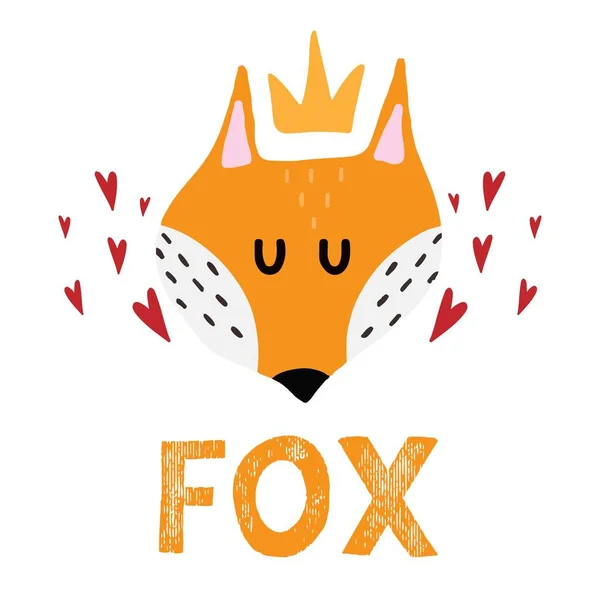 Childrens hand-drawn illustration of a red fox. Fox face with crown and hearts.Lettering. Illustration for postcards and prints. — Stock Vector