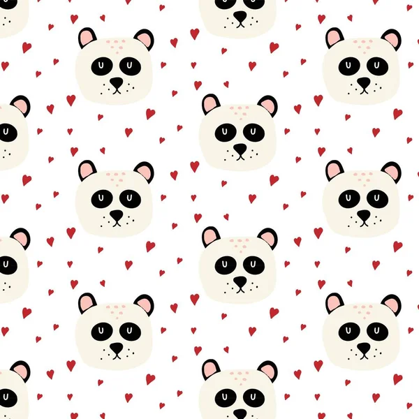 Kinderachtig met de hand getekend naadloos patroon met panda. Leuk pandakop met hartjes. Patroon voor kaarten, prints, stoffen, inpakpapier. — Stockvector