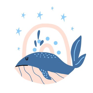  Mavi bir balinanın el çizimi çocuk resimleri. Gökkuşağı ve yıldızlı balina. Kartpostallar ve baskılar için resim.