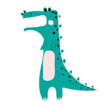  Şirin, yeşil bir timsahın el yapımı çocuk çizimi. Gülümseyen bir timsah. Resimler kartpostallar, baskılar ve tekstil için uygundur..