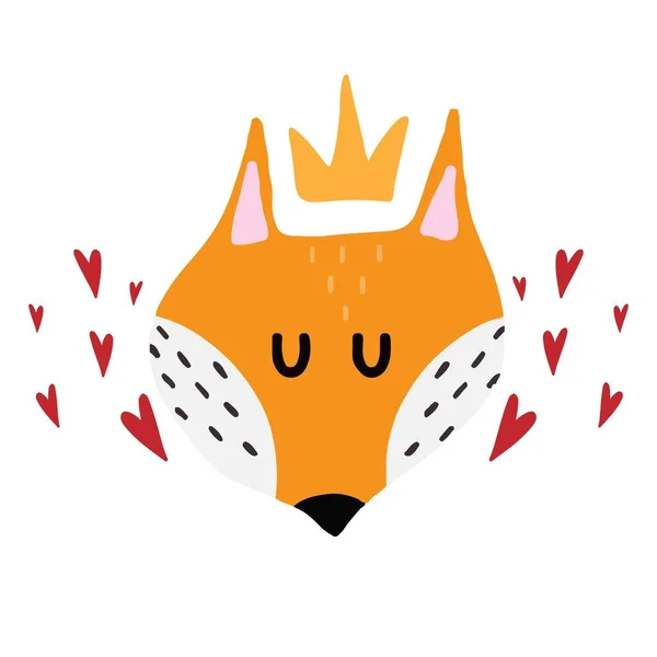 Childrens hand-drawn illustration of a red fox. Fox face with crown and hearts. Illustration for postcards and prints. — Stock Vector