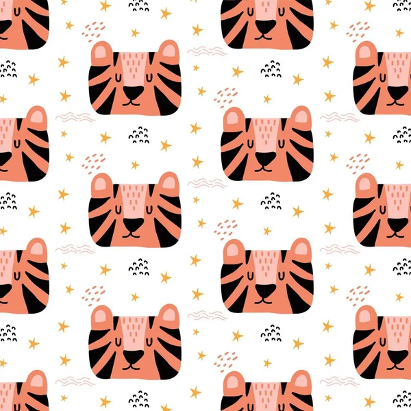 Patrón dibujado a mano para niños con tigres y estrellas. Linda cabeza de tigre. El patrón es adecuado para postales, impresiones, papel de envolver, telas. — Vector de stock